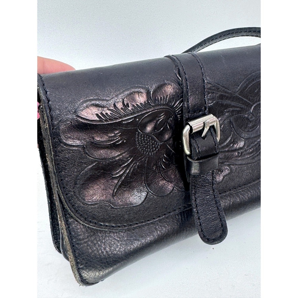 Patricia Nash Torri Black Tooled Leather Crossbody Bag Floral Embossed Boho West - Picture 4 of 11
